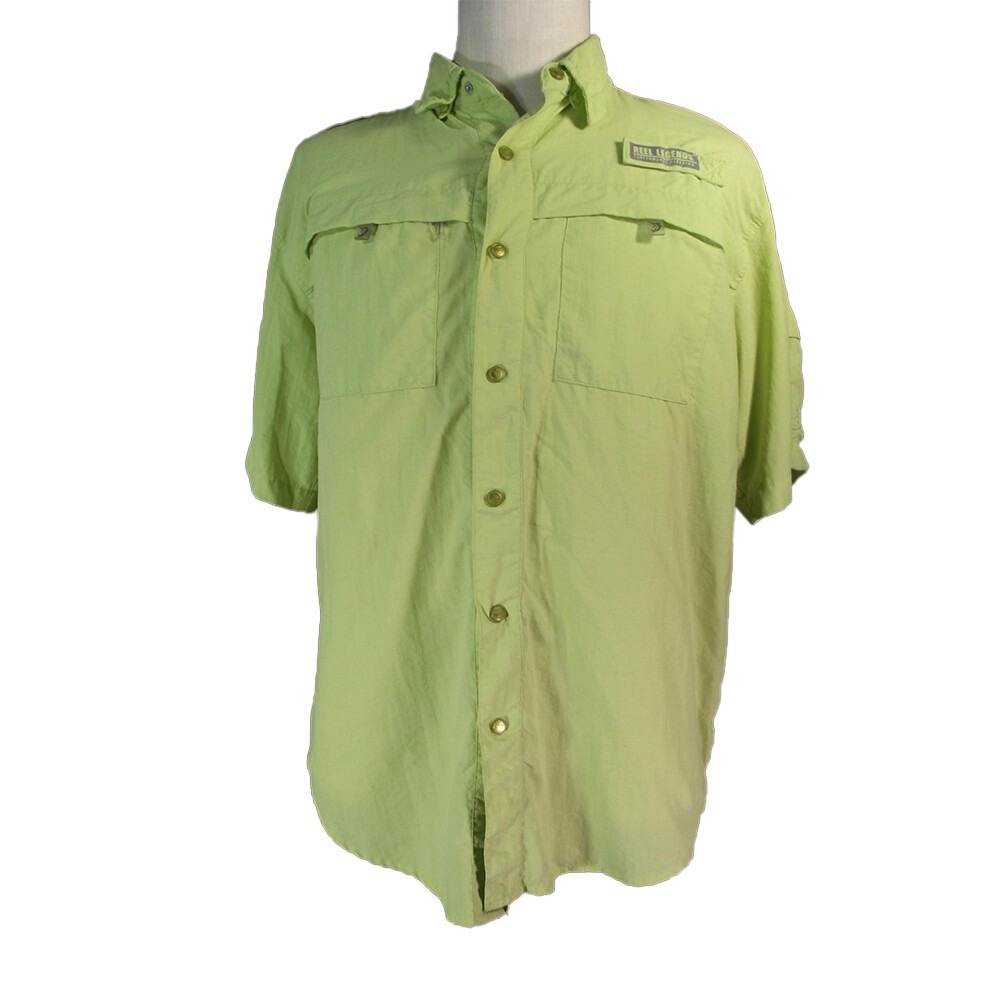 Reel Legends Fishing Shirt Men Large Green Short Sleeve Vented Cape Back Snaps